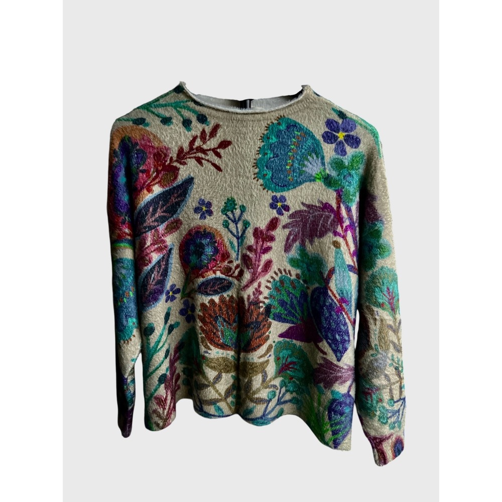 Natural Life Eyelash Knit Floral Sweater XS/S Fuzzy Botanical Pullover Multi